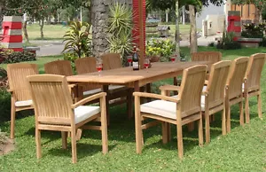Wave Grade-A Teak 11pc Dining 117" Rectangle Table 10 Stacking Arm Chair Set New - Picture 1 of 5