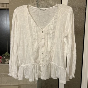 Lucky Brand Women’s White Ruffle Hem V Neck Button Babydoll Blouse Sz M - Bild 1 von 6