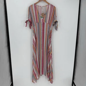 Umgee Handkerchief Hem Maxi Dress V-Neck Short Sleeve Women Large Pink White NWT - Picture 1 of 10