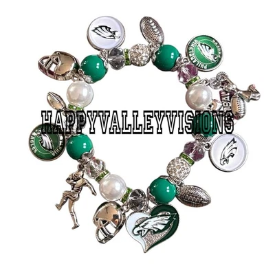 Women’s PHILADELPHIA EAGLES Football Charm Bracelet Metal Glass Charms Stretchy