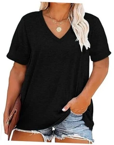 Womens Plus Size V Neck T Shirts Short Sleeve Tops Casual Summer X-Large Black - Picture 1 of 6