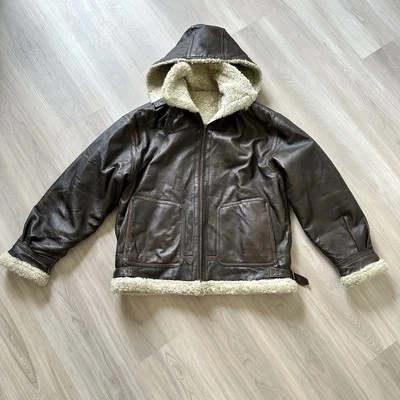 Abrigo de vuelo con capucha de aviador forrado Sherpa bombardero de cuero Wilson vintage para hombre M Foto 1 de 4