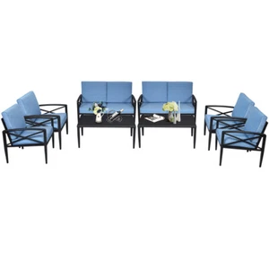 Costway 8PCS Patio Furniture Set Aluminum Frame Cushioned Sofa Chair Table Blue - Picture 1 of 7