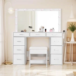 47'' Glass Top Vanity w/Power Strip White Vanity Set with Chair 3 Lighting Modes - Picture 1 of 8