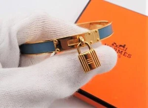 HERMES Kelly Bangle Lock Motif Gold Plated Blue Leather 19.5cm w/ Box - Picture 1 of 5