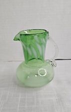 MCM  Green Swirl 5" Pitcher Handblown Glass Applied Clear Handle Vase