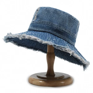 1X Chapeau Seau En Jean Distressé Pour Femme Avec Bord Brut Chapeau D'extérieur - Picture 1 of 9