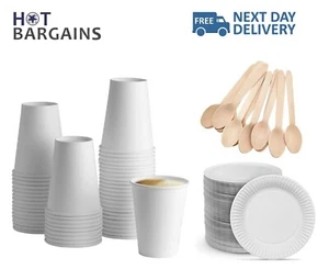 7oz White Paper Cups with Spoons and 9" Paper Plates Combo Set (100pcs Each) - Picture 1 of 6