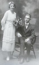 Antique Glass Plate Negative Woman Man Chair Wedding Dress Flowers Photo V00115