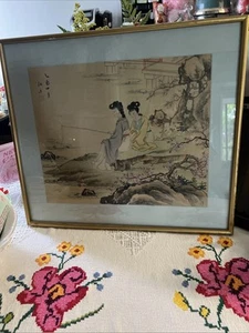 Vintage gerahmt 19x16 asiatische Chinoiserie Geisha Aquarell Gemälde - Bild 1 von 7