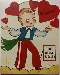 Vintage 50er Jahre Die-Cut Kinder Valentin Junge Jongleur Jonglier Herzen GEBRAUCHT - Bild 1 von 3