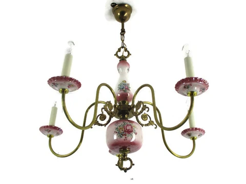Chandelier 5 Arms Lights Ceramic Porcelain Ceramic Brass Italian Pink  Flowers Cover