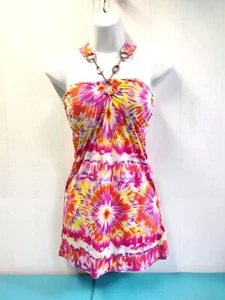 BB Jeans Halter Neck Padded Tie Up Top Orange Multicolor Pullover Size L New  - Picture 1 of 8