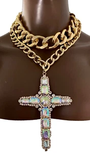Golden Chain Aurora Borealis Rhinestones Statement Chunky Cross Pendant Necklace - Bild 1 von 5