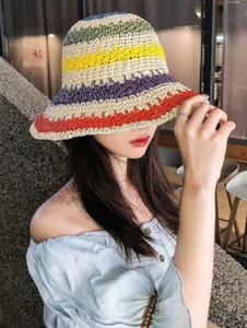 Koreanischer Fischerhut Damen bunt gestreift Sommer faltbar Stroh sonnenfest - Bild 1 von 11