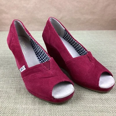 Toms Corduroy Women’s Peep Toe Wedge Shoes Burgundy Comfort Heels Size 7 - Image 1 of 4