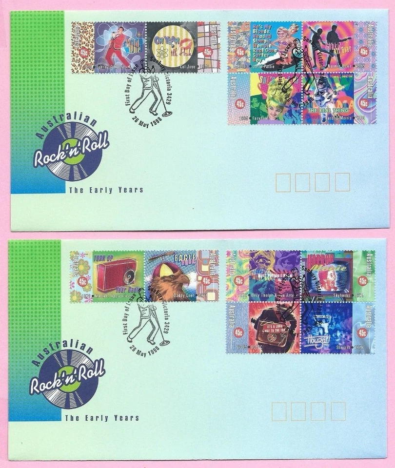 AUSTRALIA Par de FDC 1998 - ROCK & ROLL (Gomado) - Shs. Sunbury, VIC Foto 1 de 2