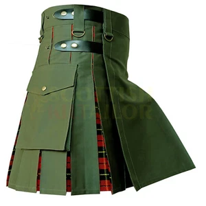 Escocés Hecho a Mano Hombres Verde Oliva Con Wallace Tartán Utilidad Híbrido Kilt - Imagen 1 de 5