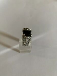 EMERALD CUT Black Sapphire Crystal Ring SILVER Rhodium Plated Size 8.5-R6503
