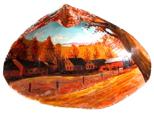 Miniature Country Homestead Landscape Painting Seashell Signed James Secondo VTG - Picture 1 of 7