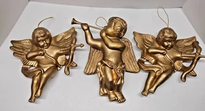 Juego de 3 adornos colgantes grandes dorados para decoración de pared ángeles trompeta arco vintage - Imagen 1 de 13