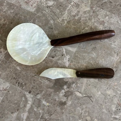 2 Vintage Mother of Pearl Utensils Spoon Spreader Wood Handles - Image 1 of 4