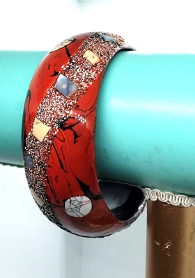 Designer Red Black Bangle Bracelet Artist Handmade Painted Shell Inlay Jewelry - Image 1 of 4