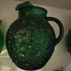 Vintage Anchor Hocking Lido Milano Emerald Forest Green Crinkle Glass Pitcher - Picture 1 of 3