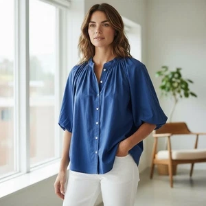 Madewell Shirred Balloon-Sleeve Top Button Front Blouse Navy Blue Size Large - Picture 1 of 10