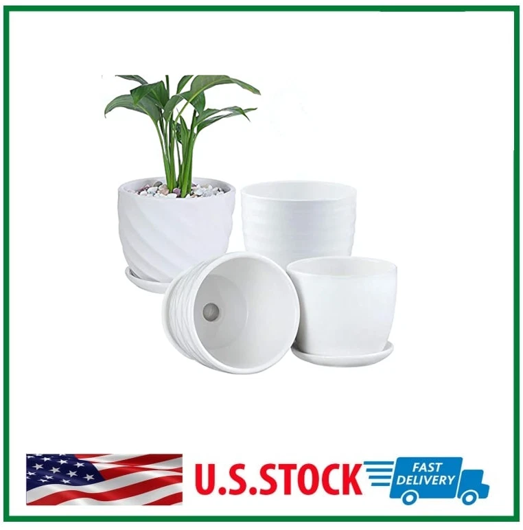 Plant Pots - 4.7 Inch Cylinder Ceramic Planters With Connected Saucer Set of 4