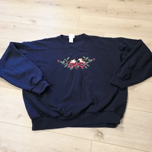 Vintage blau Weihnachten Stechpalme Küken Vögel bestickt Santee Sweatshirt Gr. Large - Bild 1 von 8
