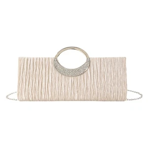 Rhinestones Clutch Bag for Bride Elegant Satins Pleated Handbag with Chain Strap - Picture 1 of 8