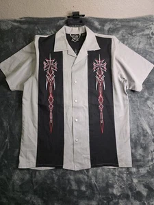 Y2K Hard Chrome Gear L Men's Embroidered Short Sleeve Shirt Gray - Picture 1 of 7