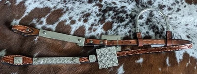 Silver Show Headstall - Single Ear - Tooled Leather - Square Buckle - Image 1 of 4
