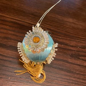 Vintage Sequin Beaded Christmas Ornament Satin Ball Push Pin Handmade Aqua Blue - Picture 1 of 4