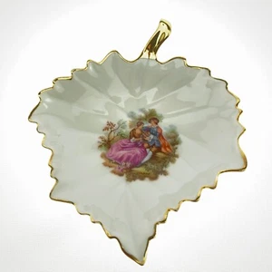 VTG Limoges France 22K Gold Porcelain Leaf Shaped Trinket Dish Courting Couple - Picture 1 of 9