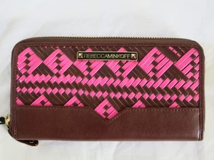 Rebecca Minkoff Neon Pink Chocolate Weave Detail Large Leather Zipper wallet NEW - Picture 1 of 12