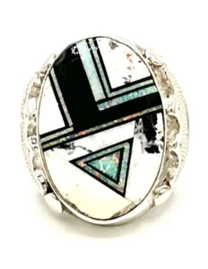 Navajo Sterling Silver White Buffalo & Opal Inlay Ring By Allen Tolino Sz-10.5 - Picture 1 of 11