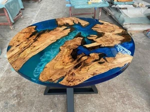 Custom Made Olive Wood Round Table with Light Blue Turquoise Epoxy – Handmade Oc - Picture 1 of 8