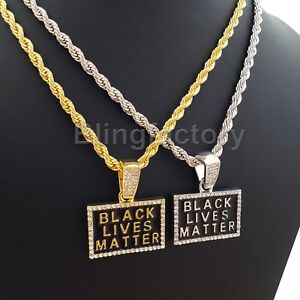 Hip Hop Iced Bling BLACK LIVES MATTER Pendant & 4mm 24" Rope Chain Necklace