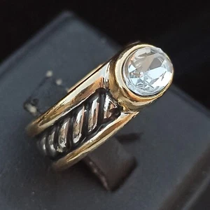 Vintage Ring Clear Rhinestone Rope Two Tone Art Deco Gift Gold Silver Band 1980s - Picture 1 of 12