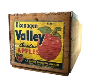 True Vintage Wooden Fruit Crate Okanagan Valley Apples Paper Label 19x12x11 - Picture 1 of 11