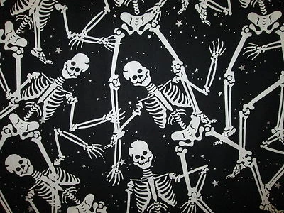 SKELETONS WHITE SILVER METALLIC STARS BLACK COTTON FABRIC FQ - Image 1 of 4
