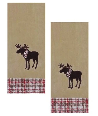Moose Bath Tan Hand Towels, 2 Piece, Appliqued Embroidery Plaid Border Bathroom - Image 1 of 4