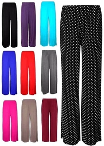 LADIES WOMENS ELASTICATED PLAZZO FLARED TROUSERS SUMMER LOUNGE PANTS SIZE 8-26 - Picture 1 of 26