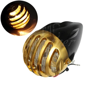 ABS Black Gold Fence Grill Cover H4 Halogen Bullet Headlight For Harley Custom - Picture 1 of 8