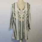 Soft Surroundings Olive White Striped Floral Embroidered Cotton Blend Tunic Top