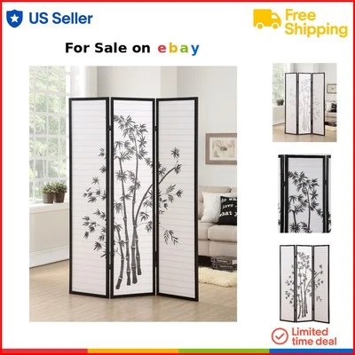 3-Panel Shoji Room Divider Screen Black Wooden Paper Privacy Folding Decor - Image 1 of 4