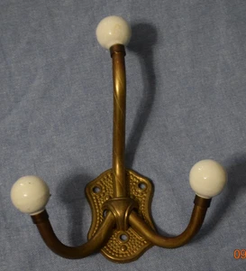 Vintage Brass & Porcelain Coat Towel Hat Rack Wall Hanger 3 Hook Gold Tone - Picture 1 of 2