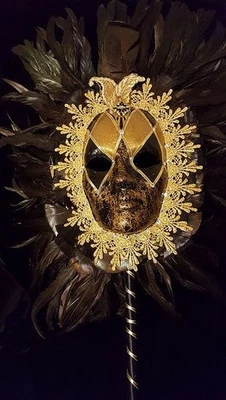 Elegant Italian-Style Handmade Mask for Men, Large, Black & Gold, Handheld - Image 1 of 4